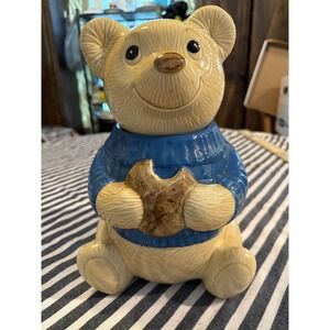 Vintage Metlox California Pottery Teddy Bear Cookie Jar Blue Sweater USA Made